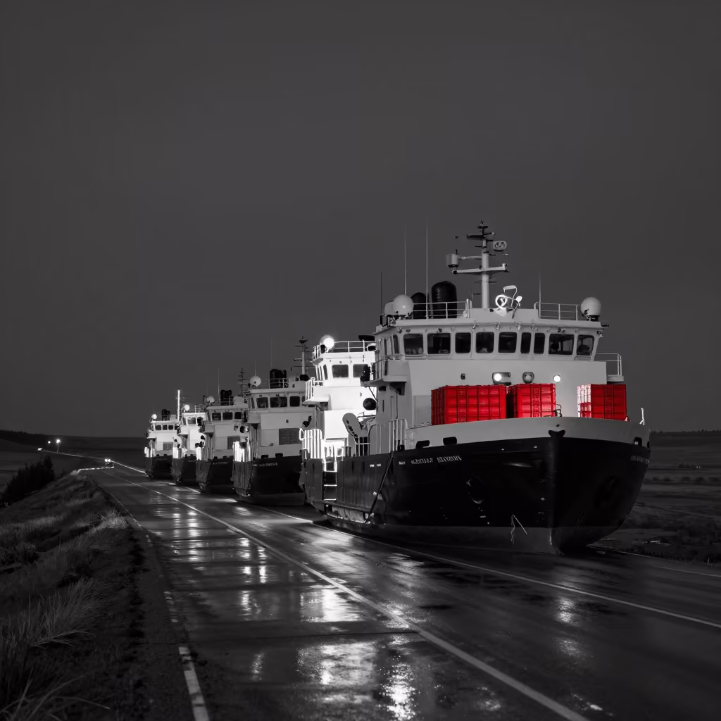 Monochrome Arctic Convoy in Alberta Night in along a switchback approach in Alberta