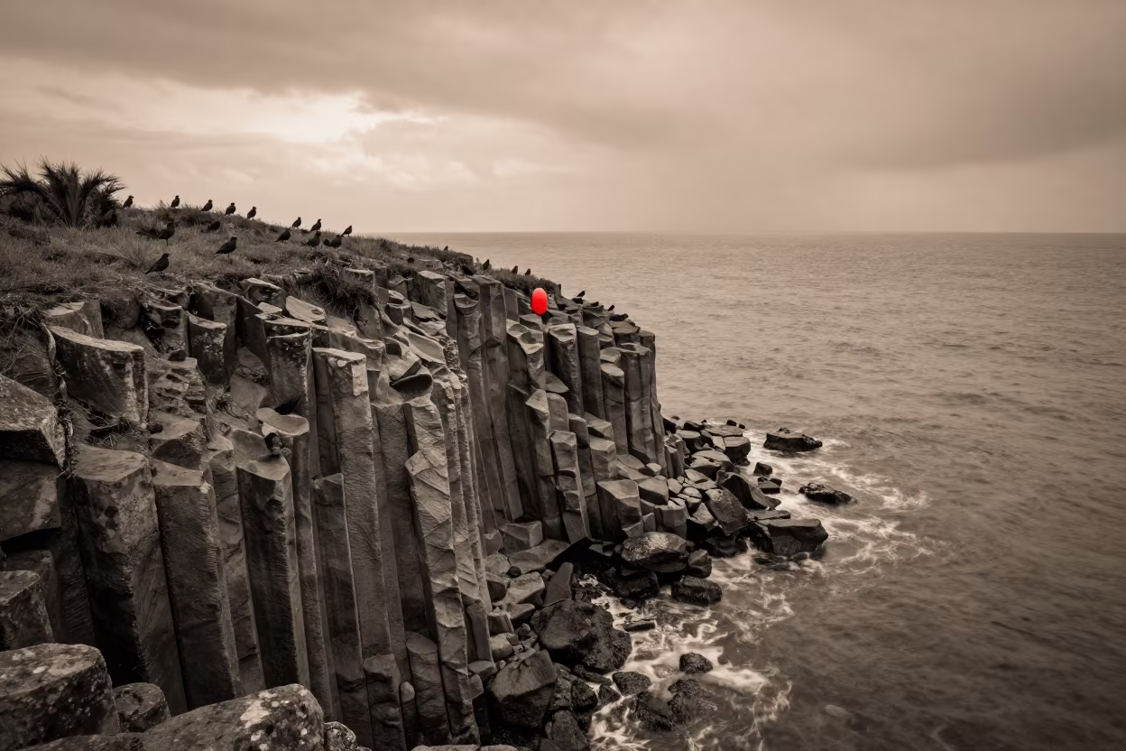 Monochrome Basalt Pipes Amidst Copper Dusk in across a floodplain after rain in Cuba