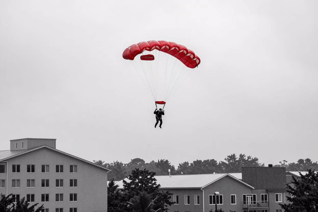 Monochrome BASE Jumper with Red Canopy in Rain in in Raleigh