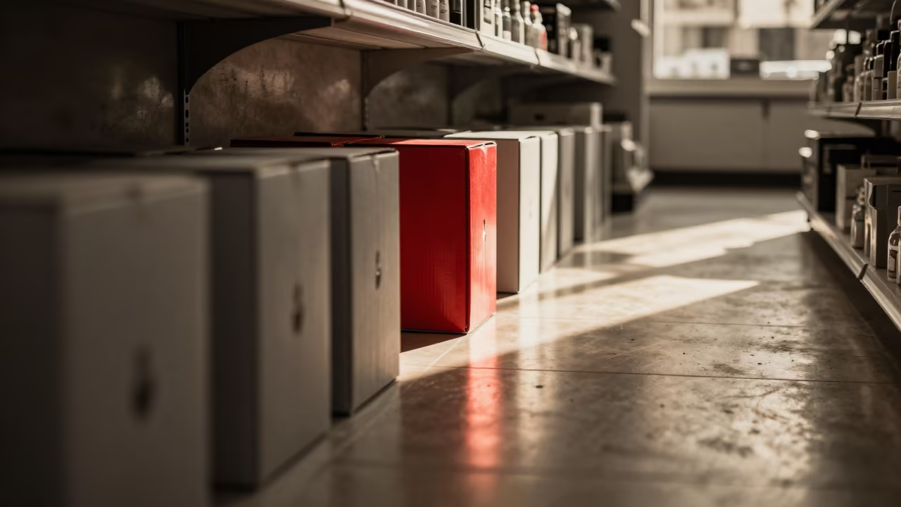 Monochrome Bulb Box With Crimson Detail in Managua in along a front-of-store display run near Managua
