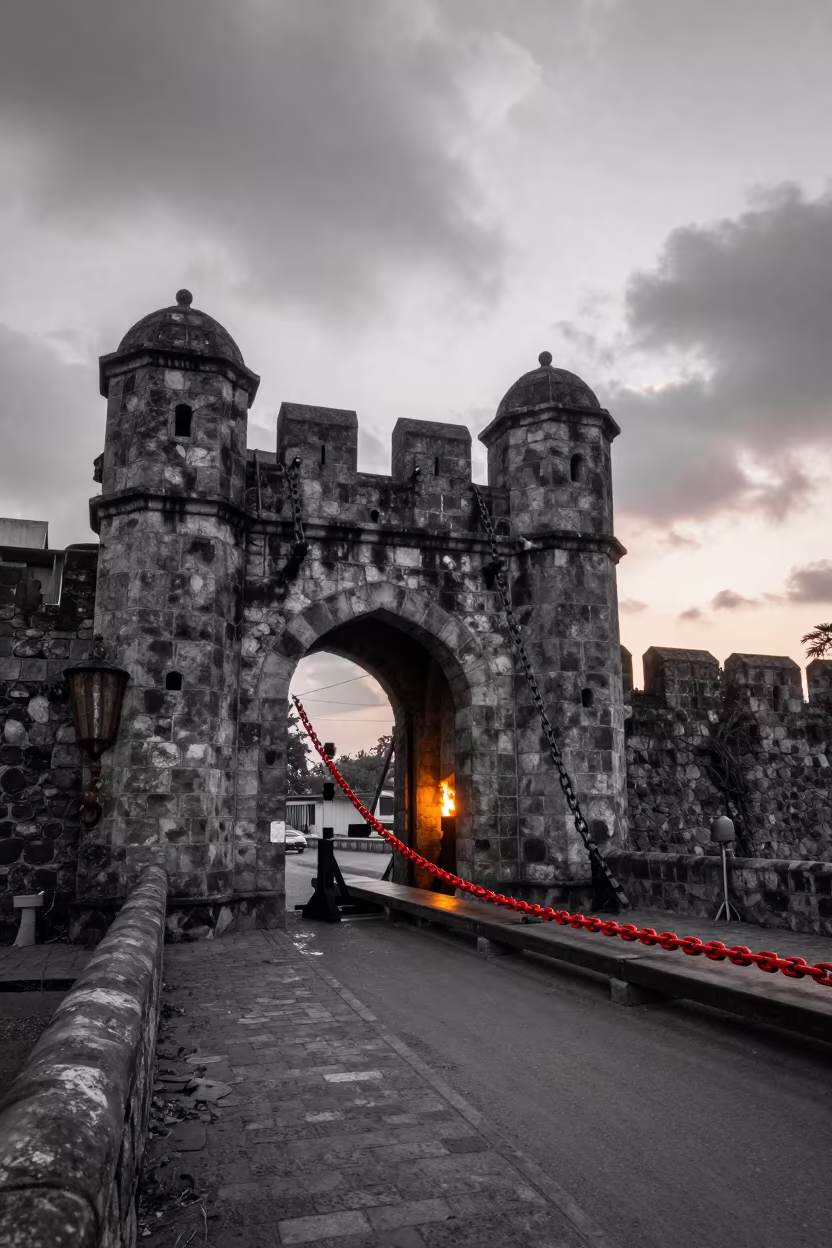 Monochrome Castle Gate with Vivid Red Drawbridge Chain in beneath a bridge span near Conakry
