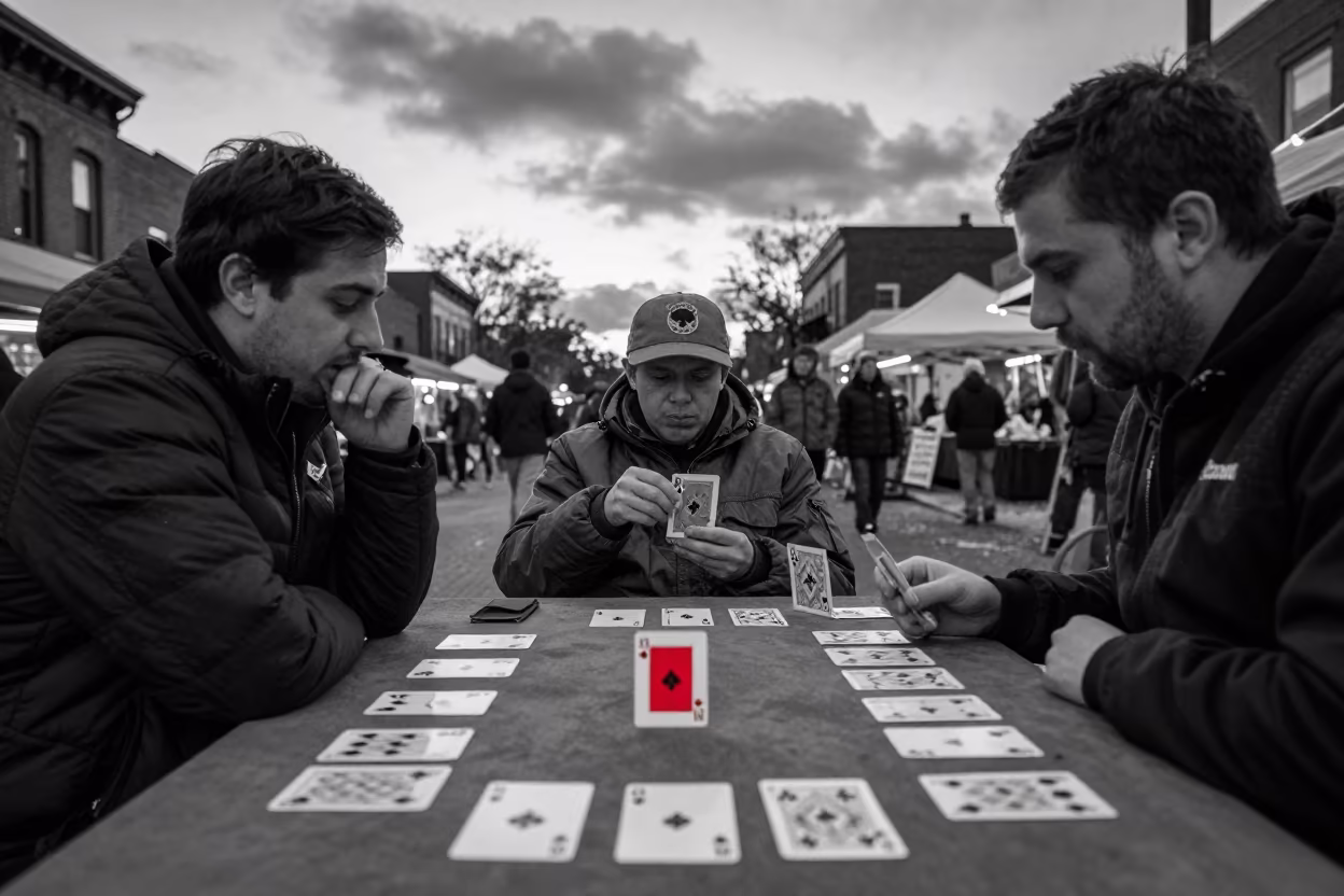 Monochrome City Game Under Neon Haze in along a market-lined side street in Philadelphia