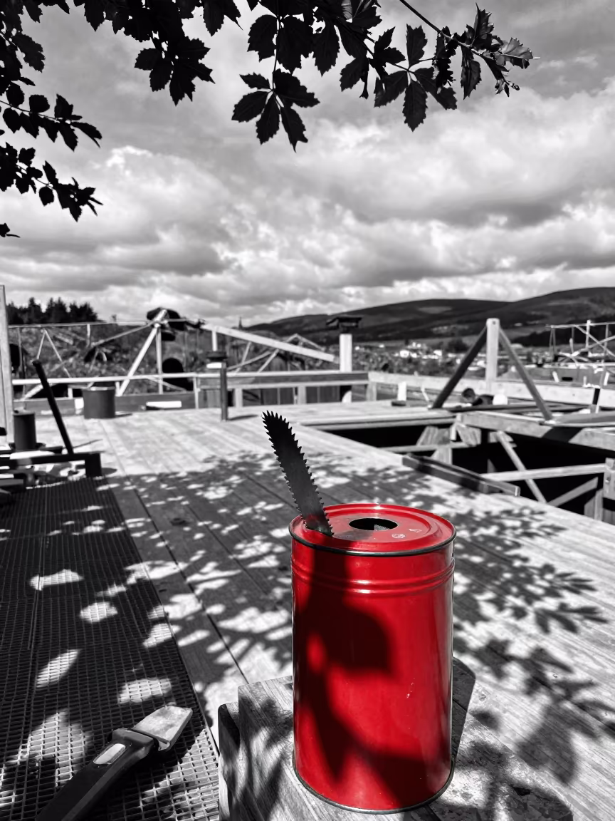Monochrome Construction Deck With Color Blade Segment in on an active construction deck in the Scottish Isles