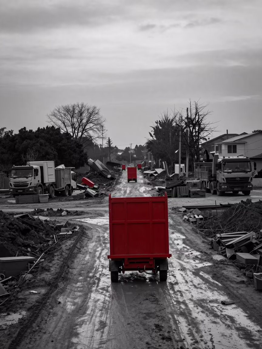 Monochrome Construction Site with Vivid Cart in at a muddy site access road in Zhejiang