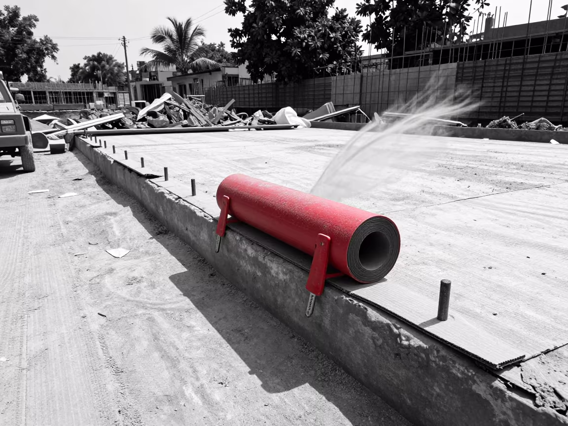 Monochrome Construction Site With One Vivid Red Roll Stand in inside a taped-off excavation edge near Sambhal