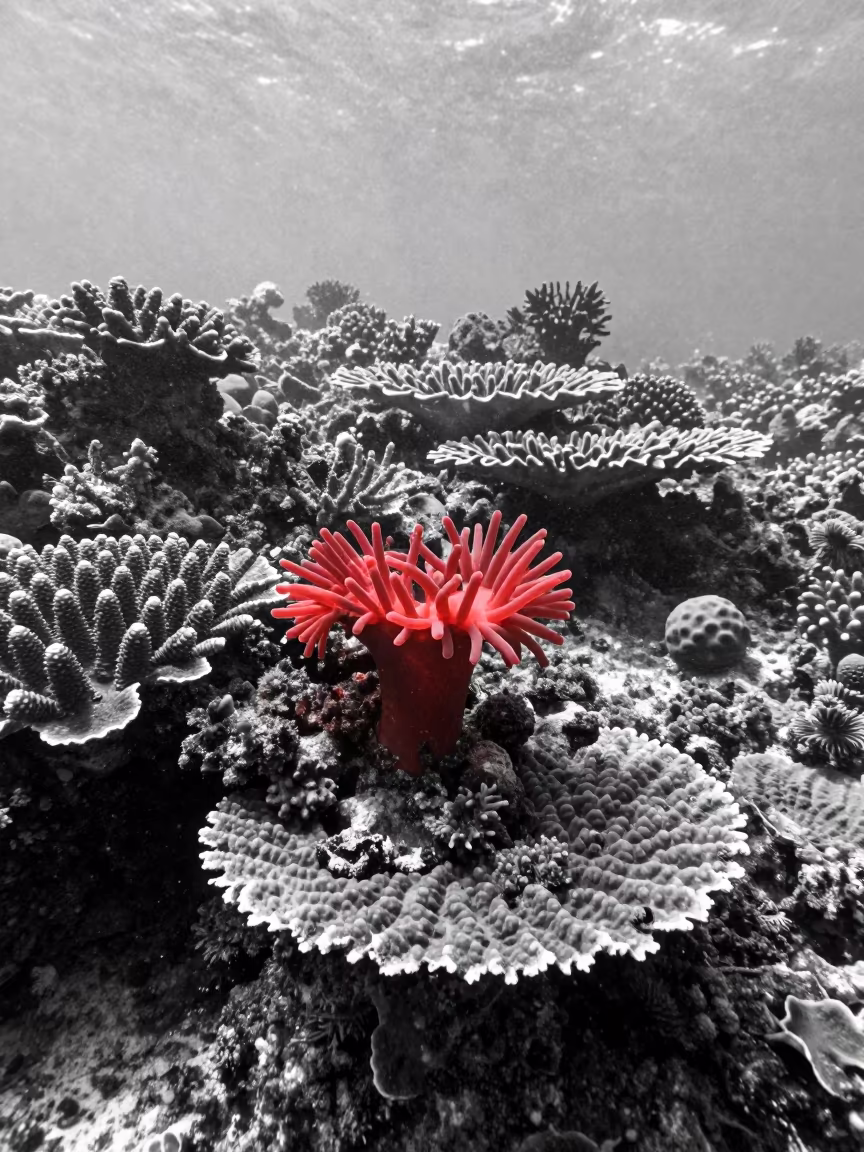 Monochrome Coral Garden with Saturated Red Anemone in beneath a reef ledge in tropical shallows near Cebu