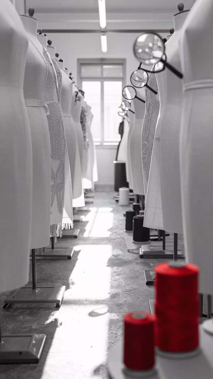 Monochrome Corridor with Vivid Beadwork Frame in in a backstage changing corridor in Brescia