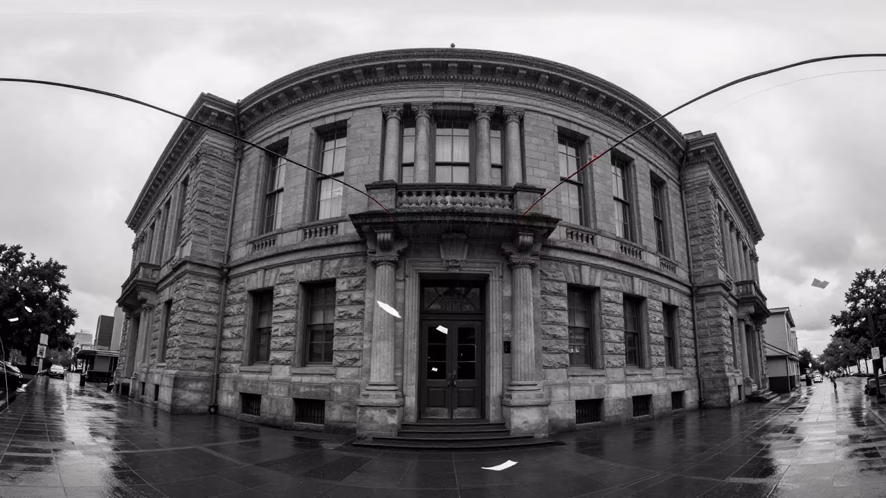 Monochrome Courthouse with Red Cables in Rain in in a community center hall in Leme
