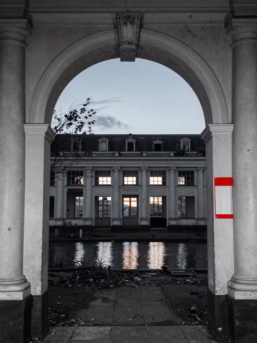Monochrome Depot with Vivid Red Timetable in through an abandoned ceremonial court in Netherlands