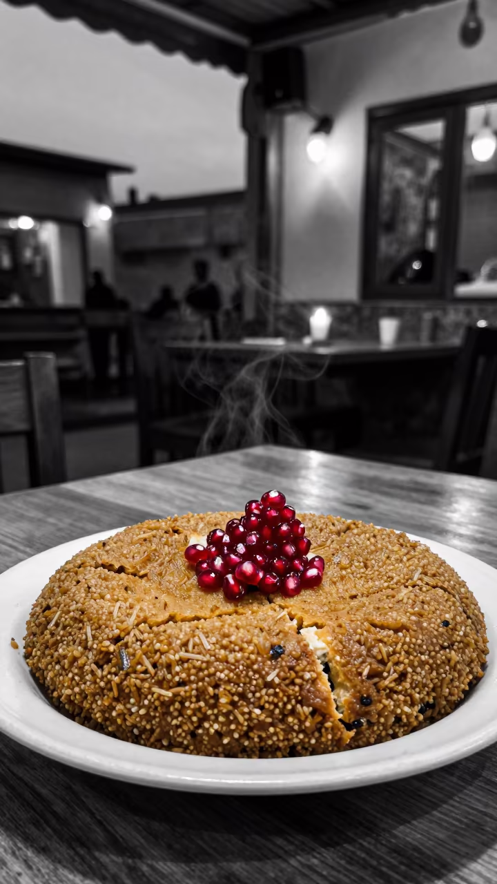 Monochrome Diner Plate with One Colorful Kibbeh in at a roadside diner table in Amman