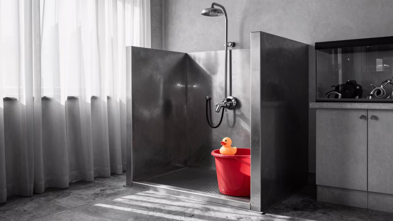 Monochrome Dog Wash with Saturated Red Bucket in at a self-serve dog wash station in Zapopan