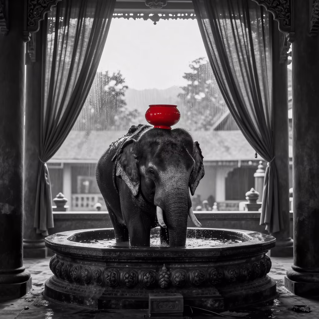 Monochrome Elephant Bathing in Kigali Temple in at the foot of a stone altar in Kigali
