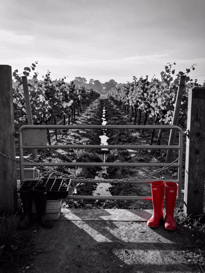 Monochrome Farm Gate With Red Boots At Dawn in between vineyard trellises near Warri