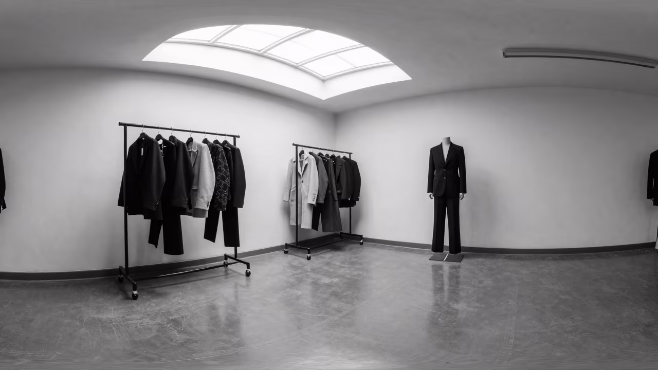 Monochrome Garment Rack in Patna Studio in under runway rehearsal lights in Patna