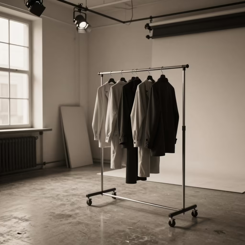 Monochrome Garment Rack in Sheikhupura Studio in under runway rehearsal lights in Sheikhupura