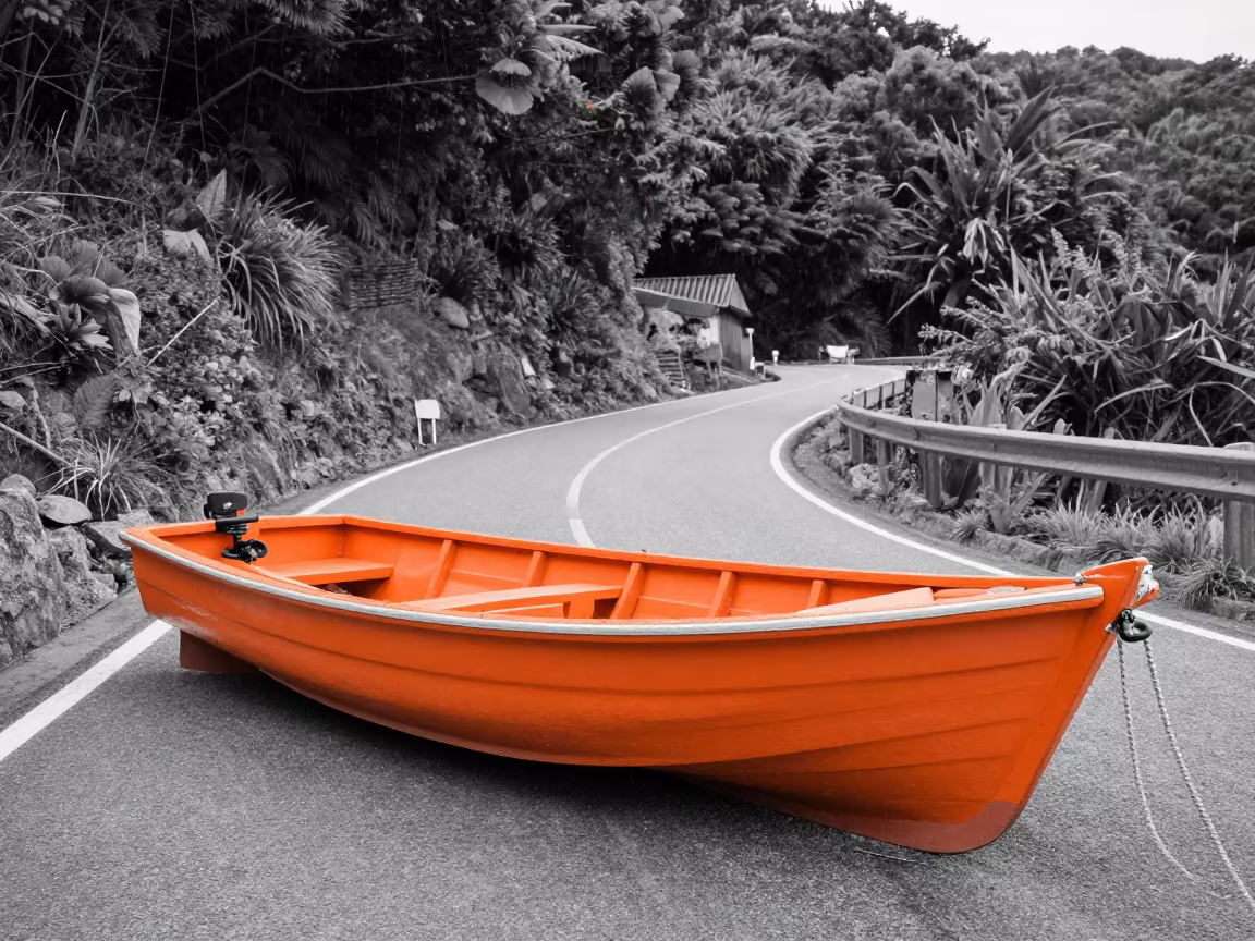 Monochrome Harbor with Vibrant Lobster Boat in along a switchback approach near Fukuoka