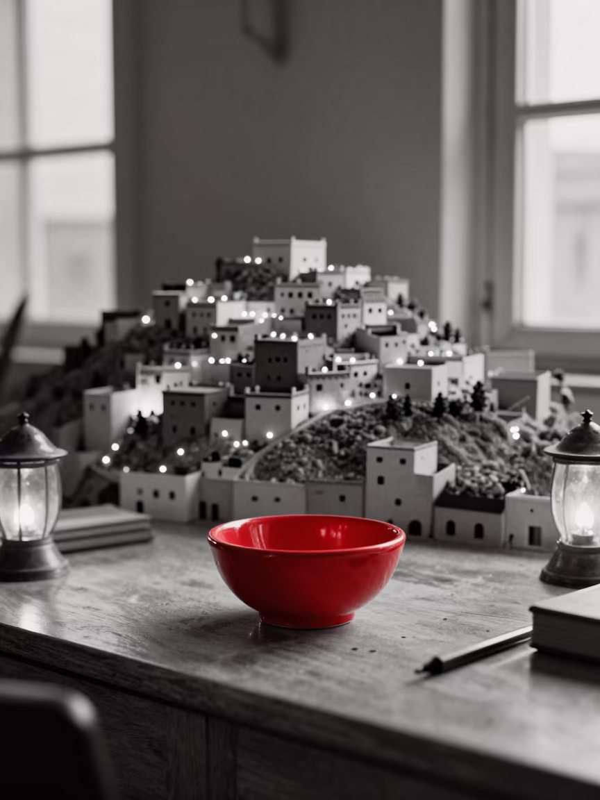 Monochrome Hillside City with One Saturated Object in on a writing desk near Mohammedia
