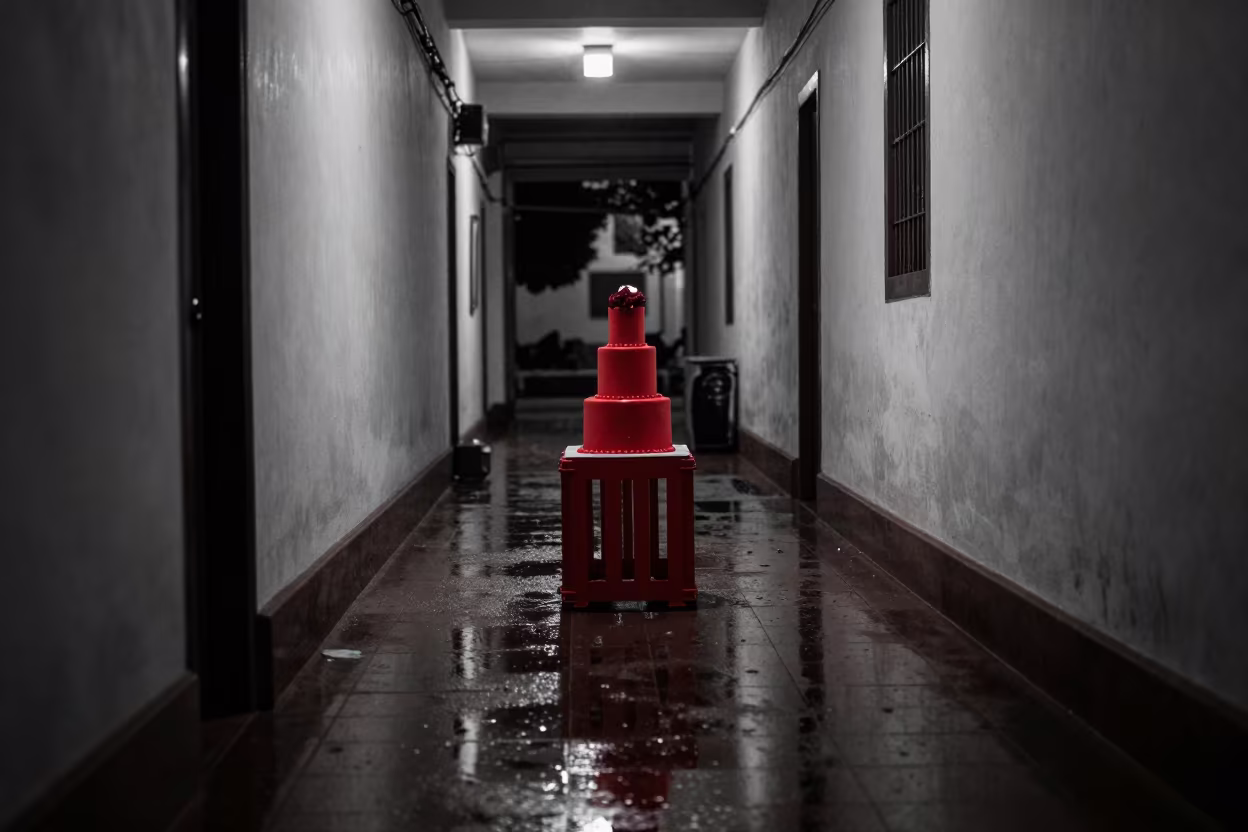 Monochrome Ho Chi Minh Corridor Red Cake Stand Midnight in in a quiet guest corridor in Ho Chi Minh City