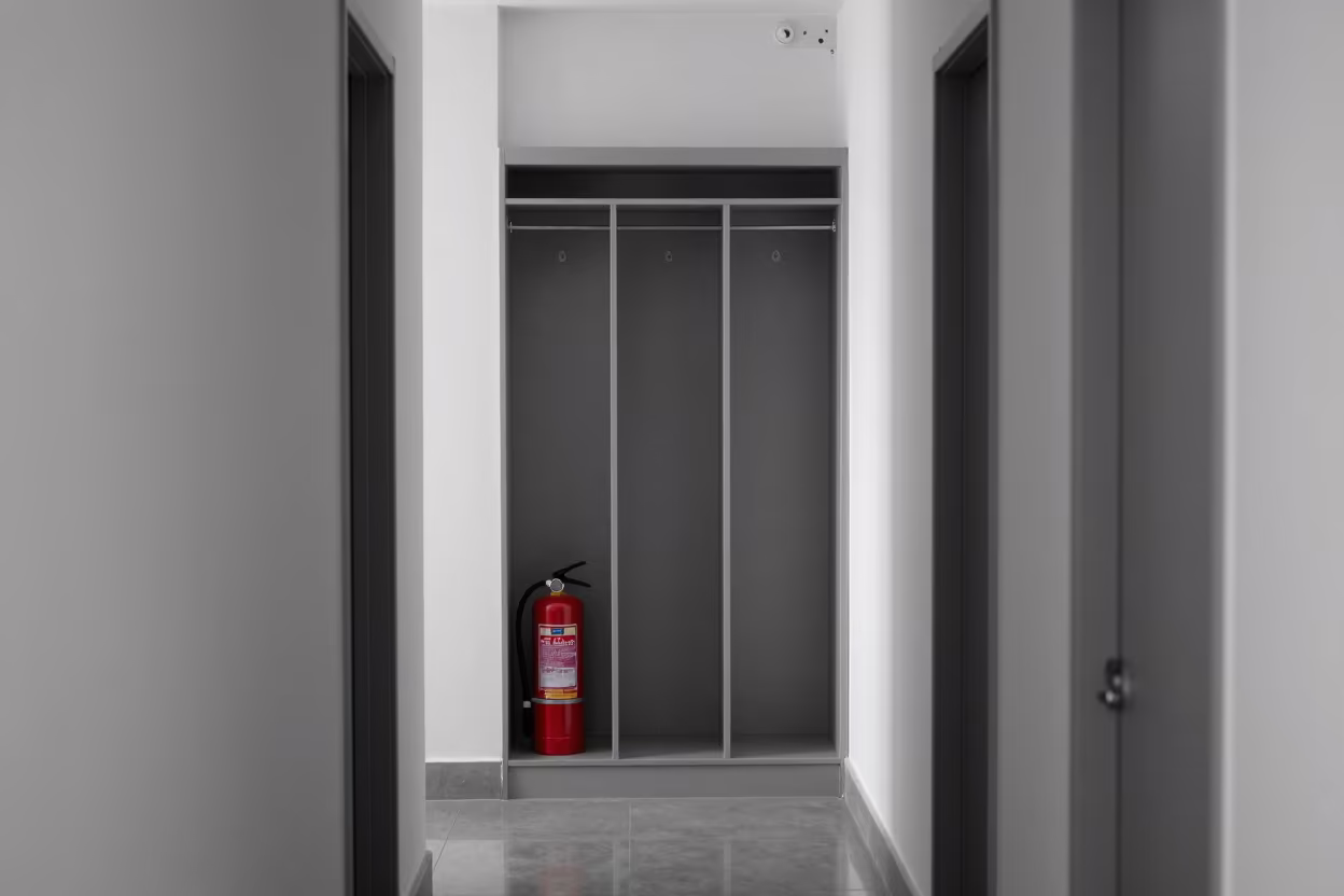 Monochrome Hotel Closet with One Red Object in in a quiet guest corridor in Okara