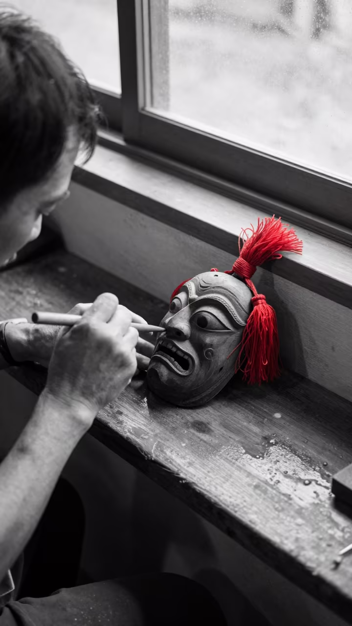 Monochrome Mask Carver Ledge Tokyo in on a painted display ledge in Tokyo