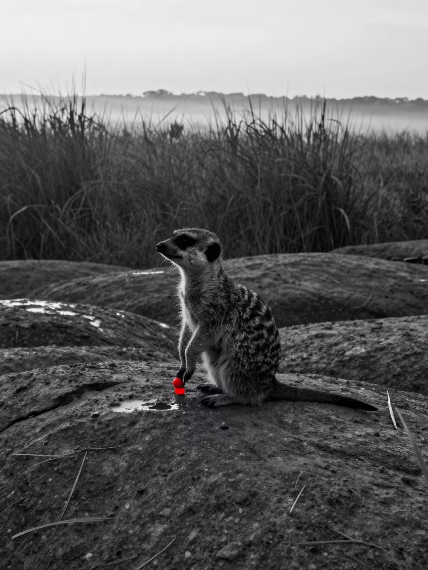 Monochrome Meerkat with Red Berry at Dawn in at the edge of a reed bed in South Africa