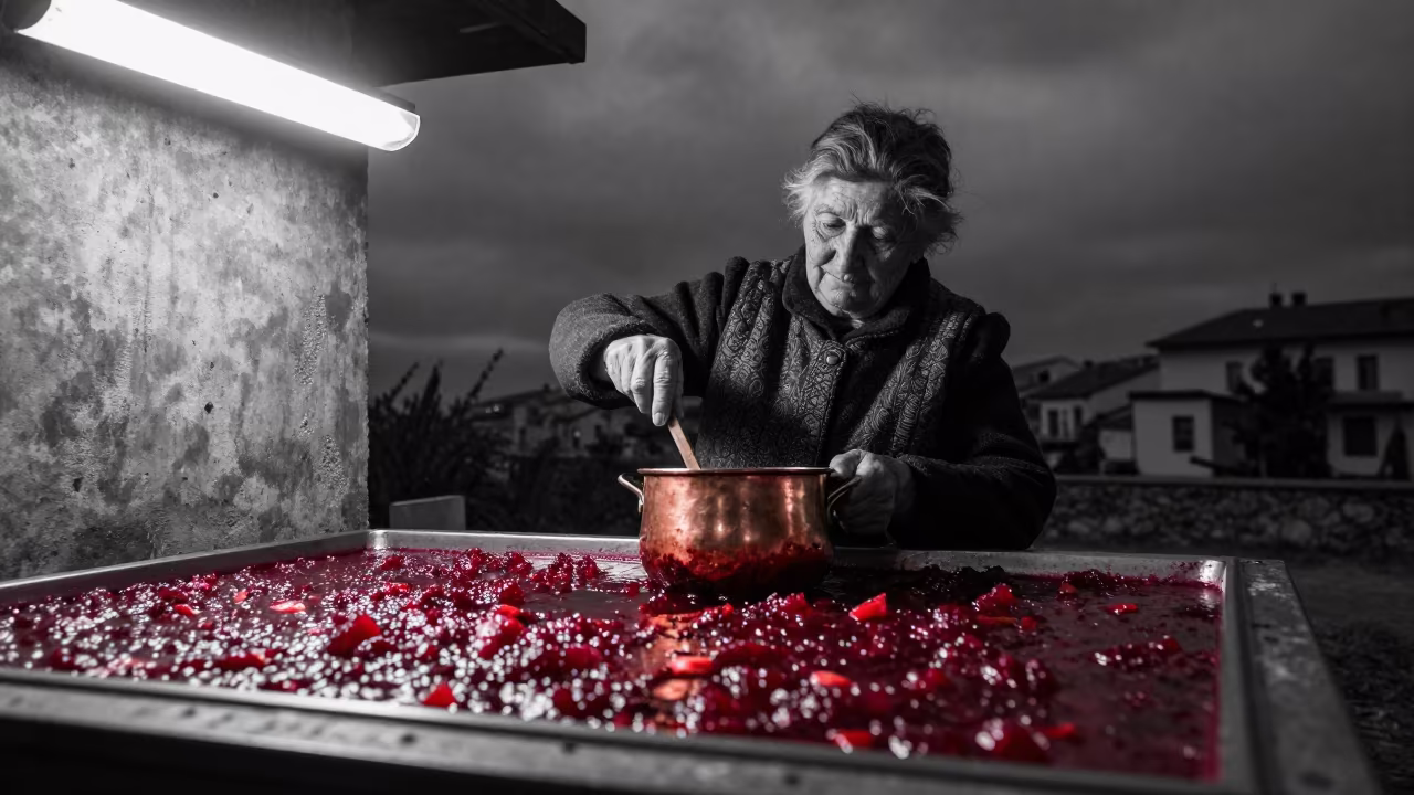 Monochrome Night Grandmother Stirring Red Jam in near Tirana