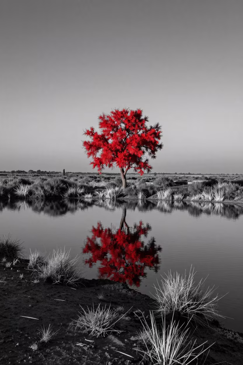 Monochrome Oxbow Lake with Single Red Tree Reflection in in Cyprus
