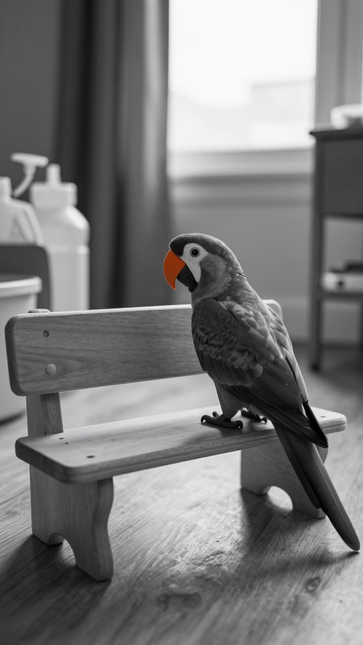 Monochrome Parrot Toy Bench Toledo Adoption Room in inside an adoption room in Toledo