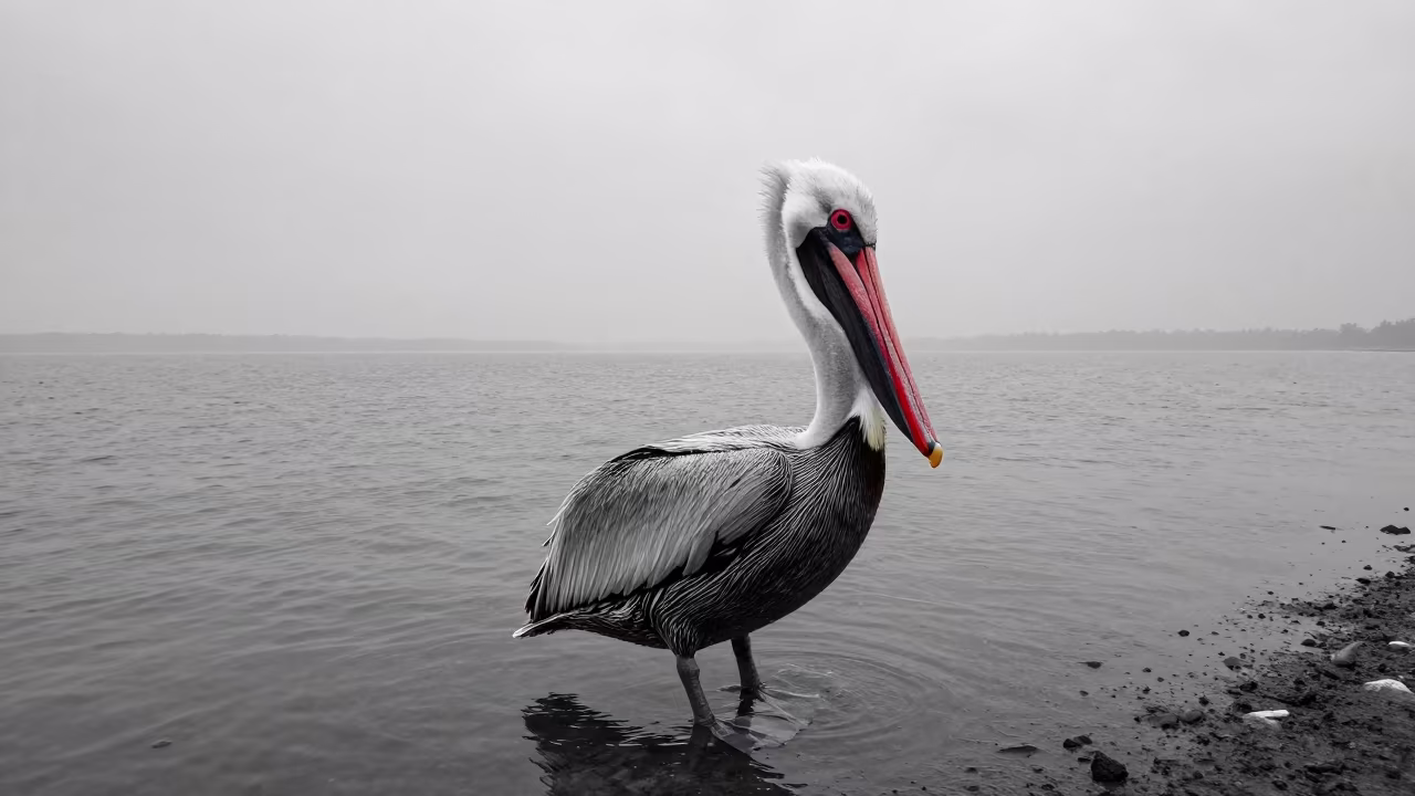 Monochrome Pelican with Red Beak at Dar es Salaam Inlet in beside a tidal inlet near Dar es Salaam