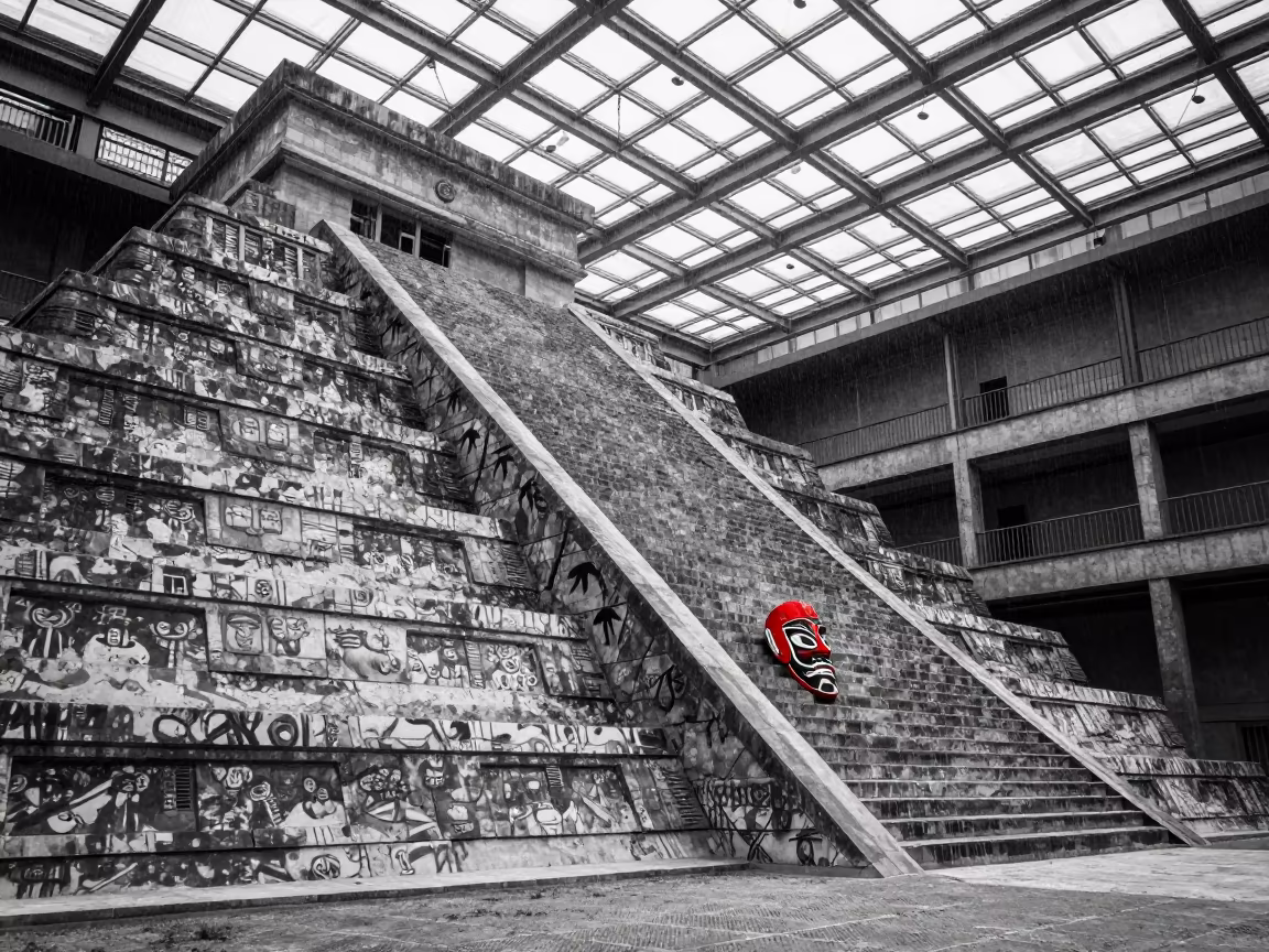 Monochrome Pyramid in Glass Arcade Drizzle in inside a glass-roofed arcade in Jinan