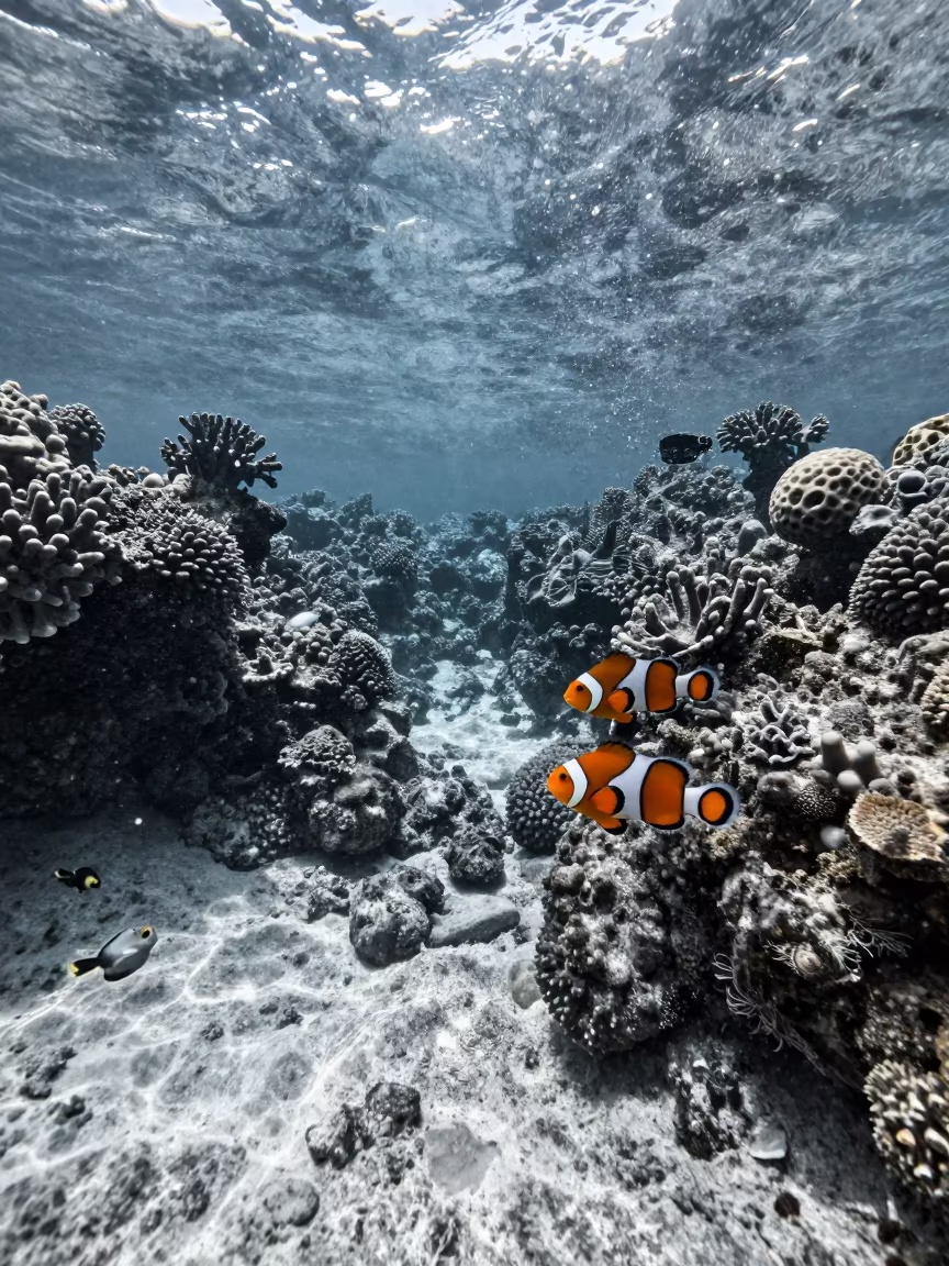 Monochrome Reef with Vivid Clownfish in Blue in beside a reef crevice under clear water near Cebu