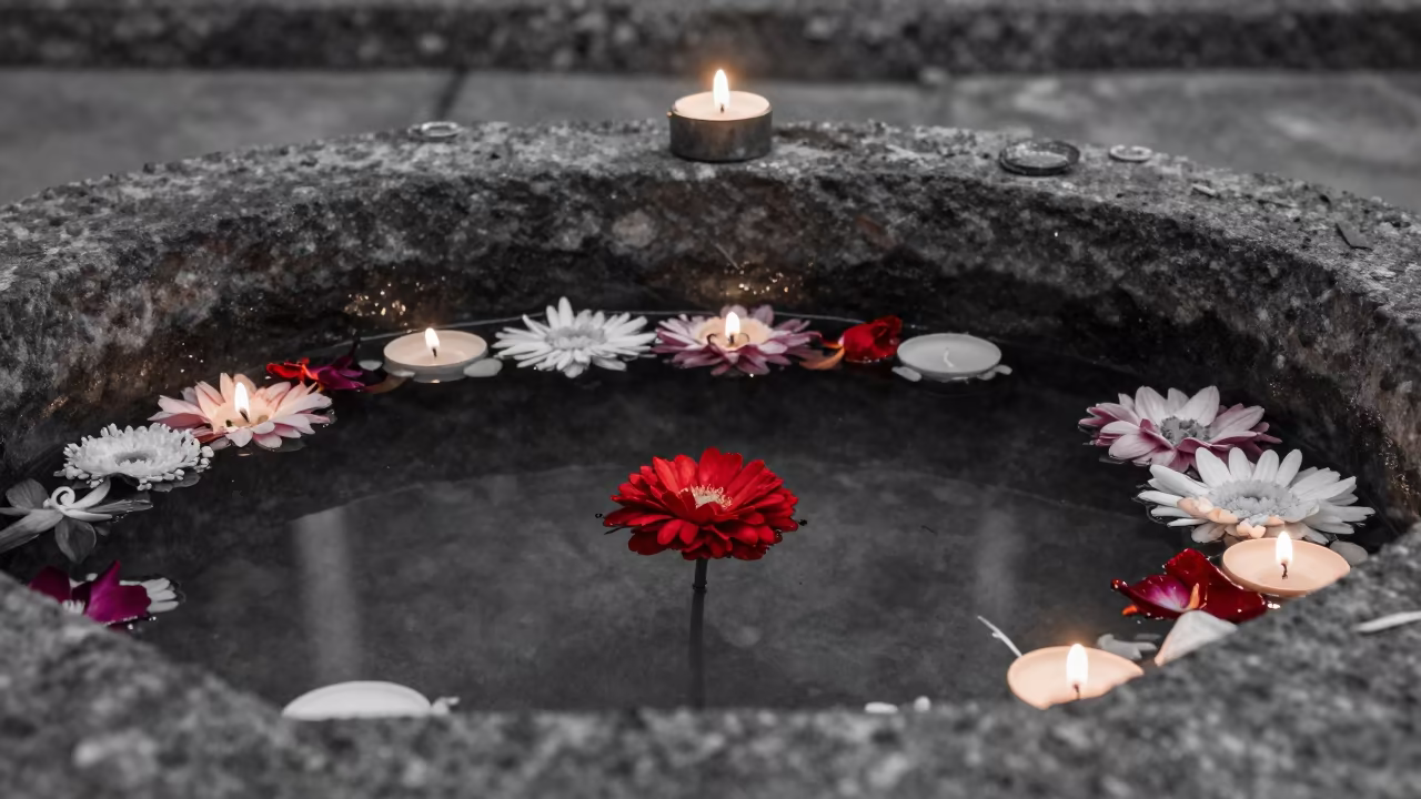 Monochrome River Offerings with Vivid Red Flower in at the foot of a stone altar in Sulaymaniyah