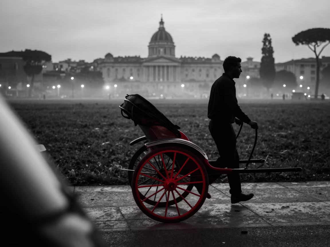 Monochrome Rome Rickshaw Driver in Mist in near open fields near Ostiense, Rome