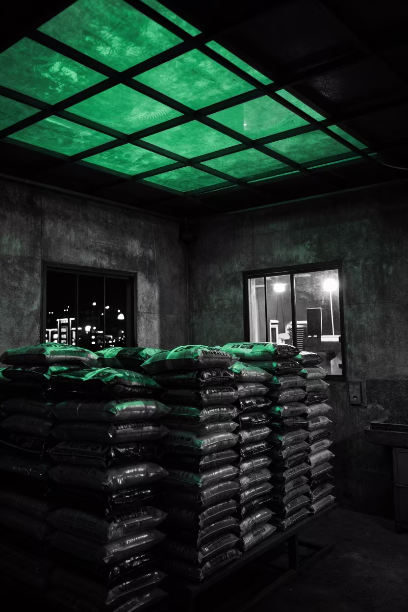 Monochrome Shed with Vibrant Green Roof Pattern in inside a machine shed with seed bags stacked high near Tiruchirappalli