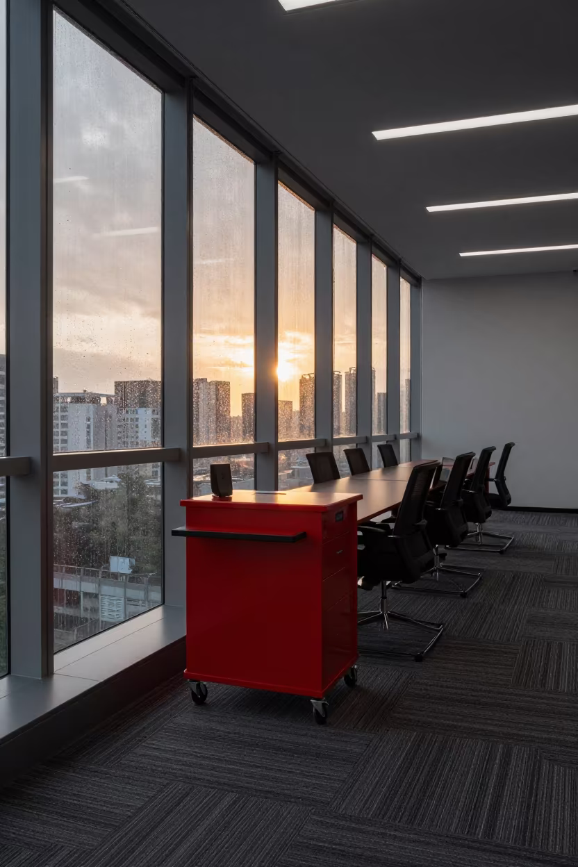 Monochrome Shenzhen Office Cart With Red Detail in inside a conference room in Shenzhen