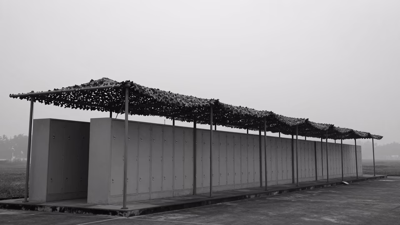 Monochrome Signal Flag Locker Dawn Jakarta in beneath a camouflage net shelter in Jakarta