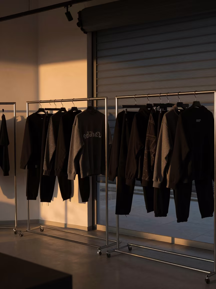 Monochrome Streetwear on Rack in Amber Light in inside a minimalist showroom near Olomouc