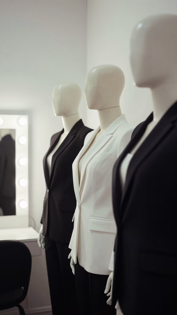 Monochrome Tailoring Mannequins Beside Bulb Mirror in beside a mirror lined with makeup bulbs in Koudougou