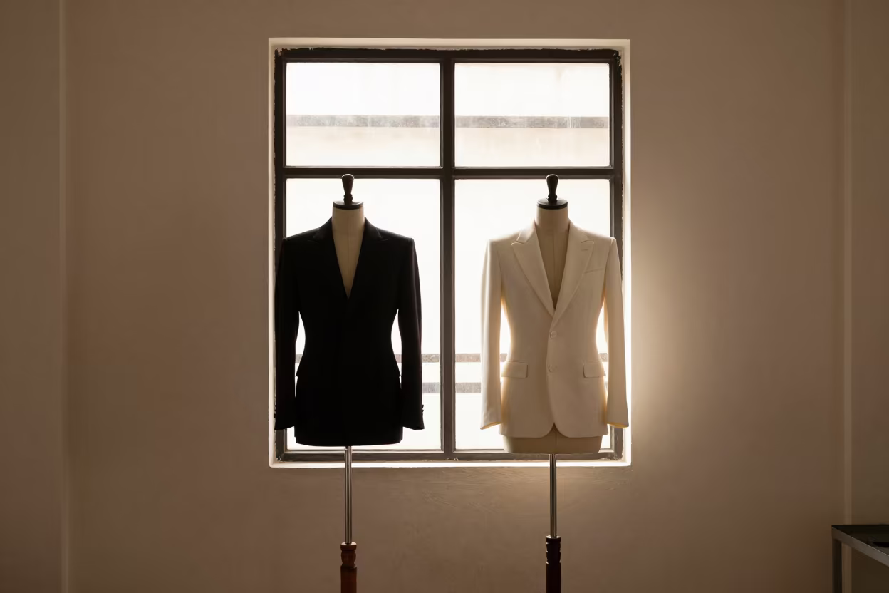 Monochrome Tailoring Mannequins in Douala Atelier in under runway rehearsal lights near Douala