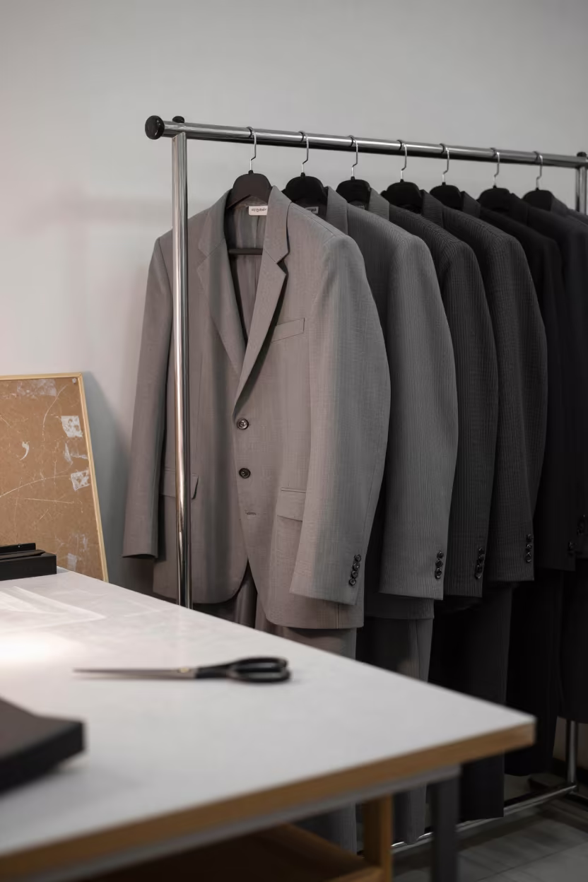 Monochrome Tailoring Rack in Mashhad Workshop in at a tailoring table strewn with chalk and shears in Mashhad