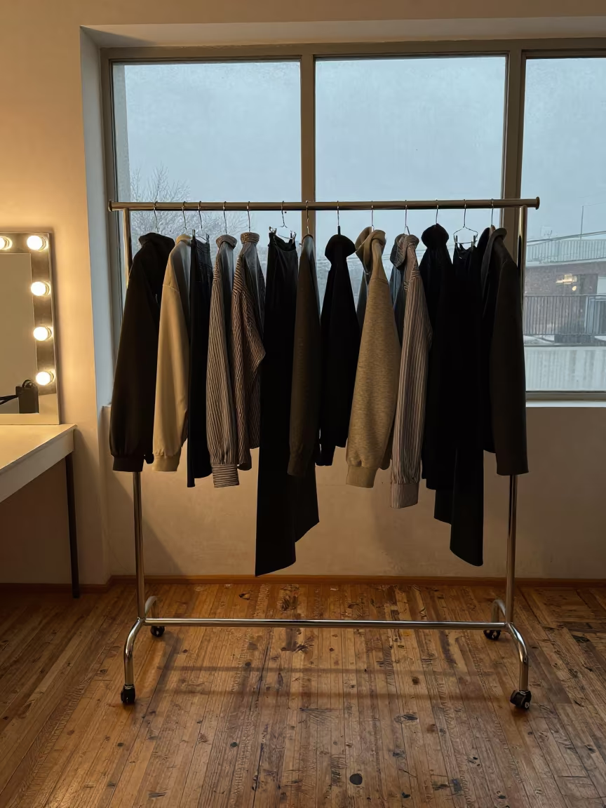 Monochrome Tailoring Rack in Seoul Winter Morning in beside a mirror lined with makeup bulbs near Insadong, Seoul