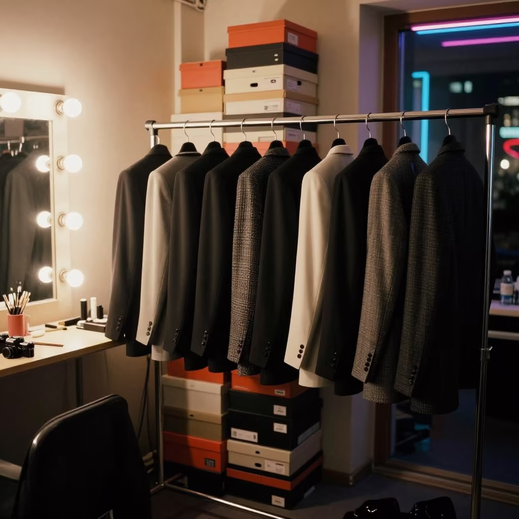 Monochrome Tailoring Runway Backstage Tbilisi Night in beside a mirror lined with makeup bulbs near Tbilisi