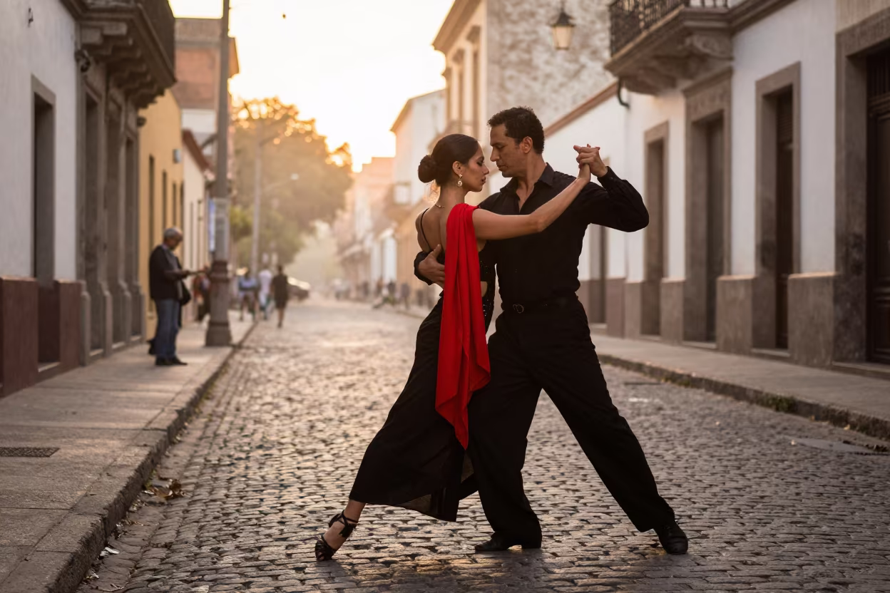 Monochrome Tango Couple with Red Scarf in Buenos Aires in in the old quarter in Buenos Aires