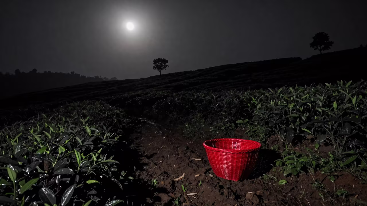 Monochrome Tea Terraces Night Monsoon Mist in beside a tractor track through dark soil in Pettah, Colombo
