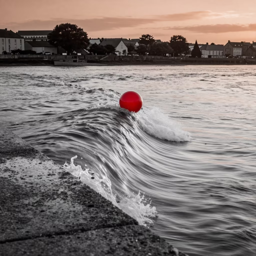 Monochrome Tidal Bore with Sudden Red Ball in along a wave-cut shoreline near Cork