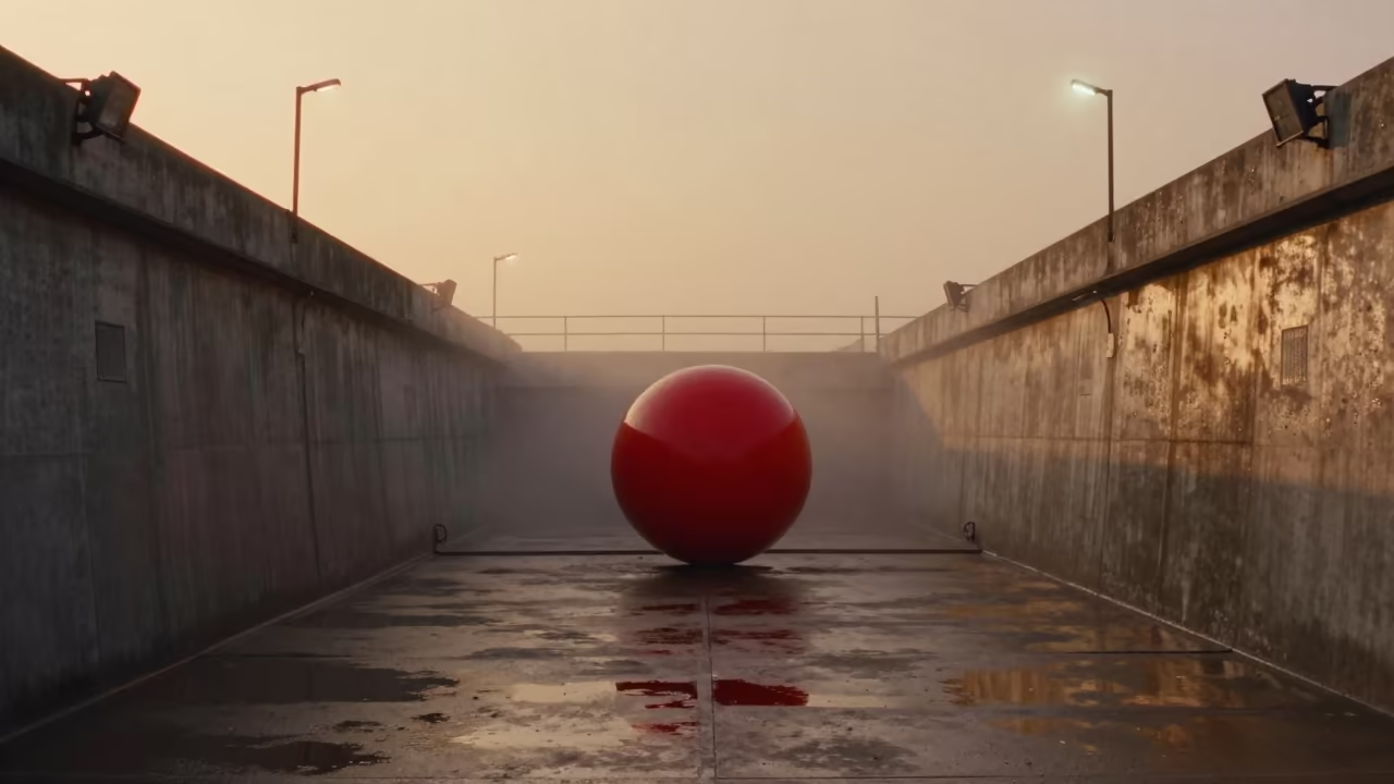 Monochrome Tunnel With Vivid Red Sphere in beside a storm surge barrier in Eswatini