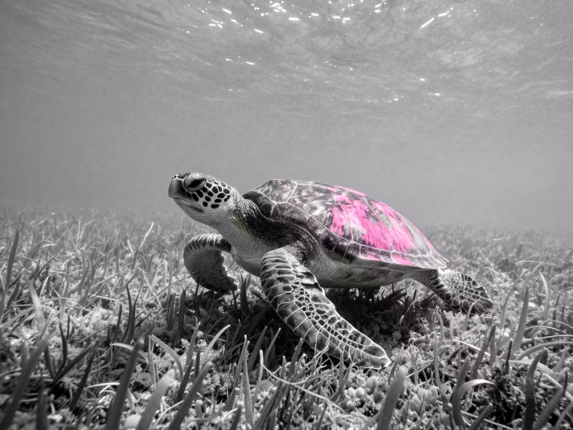 Monochrome Turtle with Neon Shell on Croatian Seagrass in above a seagrass meadow in Croatia