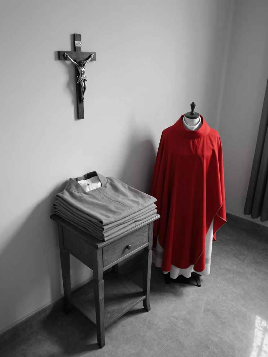 Monochrome Vestry with Vivid Red Vestment in on a bedside table in Aden