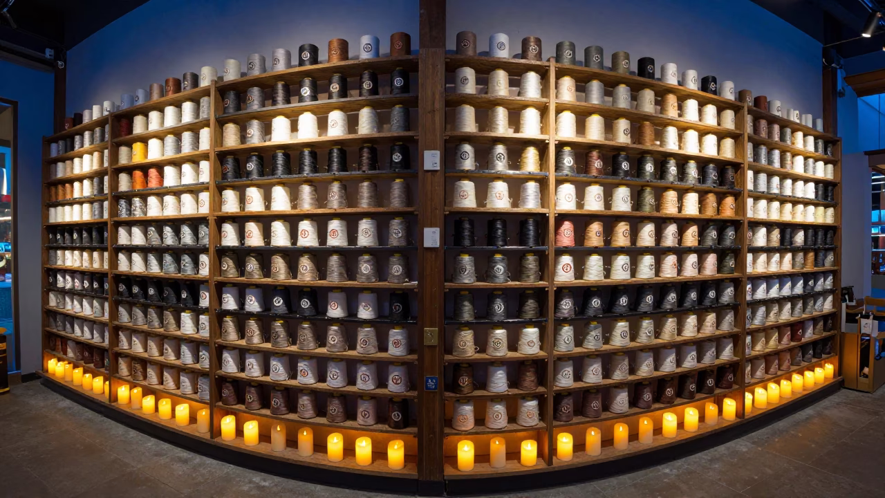 Monogram Thread Spool Rack in Evening Retail Reset in beside a seasonal endcap near the sales floor near Xiamen