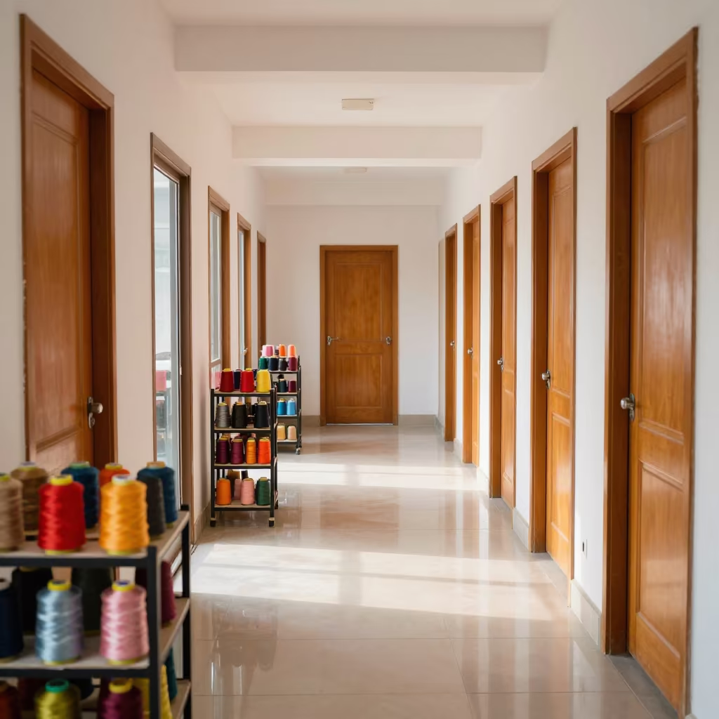 Monogram Thread Spools in Dhaka Retail Corridor in inside a retail floor display area in Dhaka